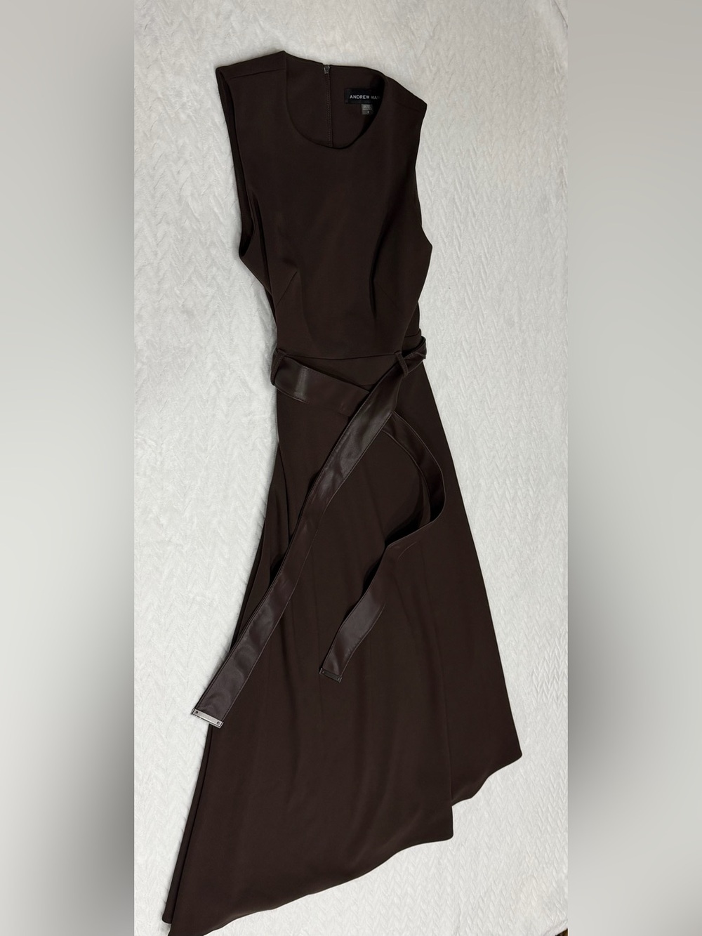 Andrew Marc Chocolate Brown Midi Fit-and-Flare Dress with Belt